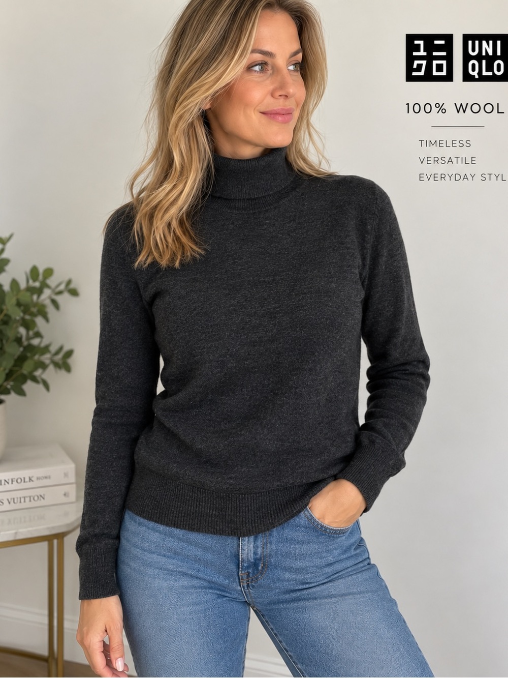Uniqlo Charcoal Dark Gray Wool Turtleneck Sweater